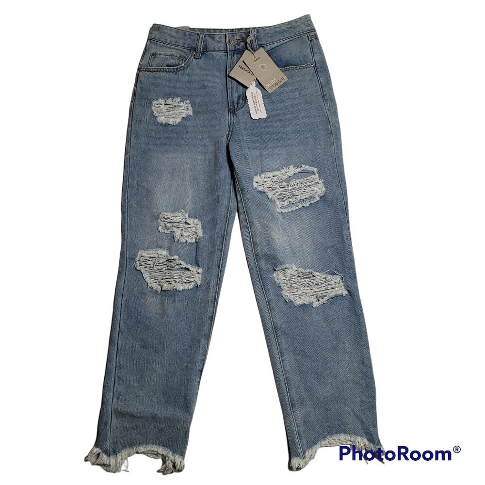 New High Rise Straight Leg Distressed Jeans Slim Fit Recycled Repreve Raw Hem 26